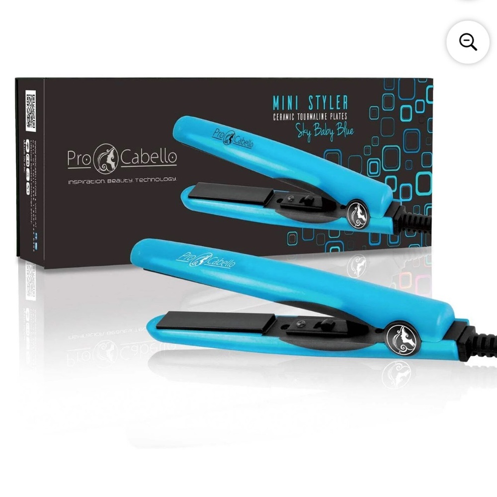 Pro Cabello Mini flat iron, Styler Ceramic Tourmaline Plates in Sky Blue.